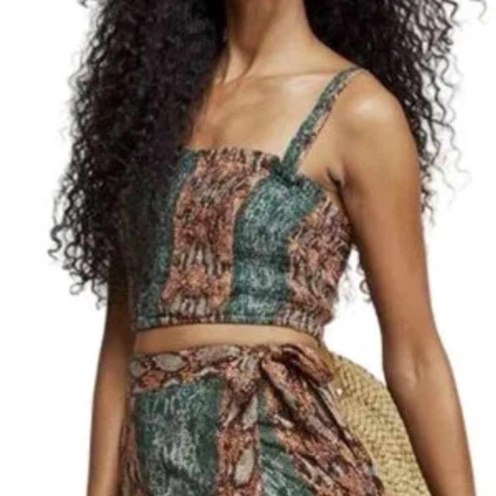 Free People Tropical Date Green Brown Smocked Crop Top Size Small